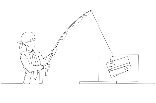 Cartoon of businessman as cyber thief hacker try to get credit card concept of phishing One line art style