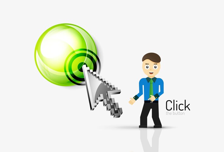 Vector cartoon businessman asking to click on glossy button flat design concept