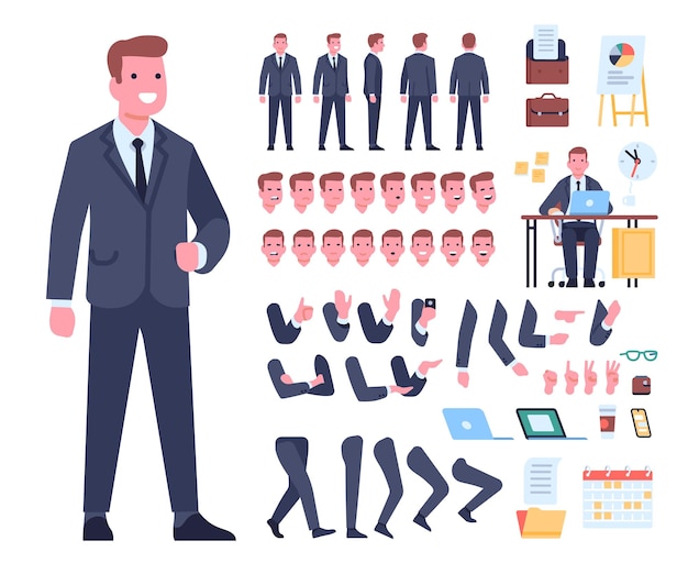 Cartoon businessman character kit Manager constructor Guy in formal suit Body parts in different positions Legs and hands gestures Accessories and work desk Vector man elements set