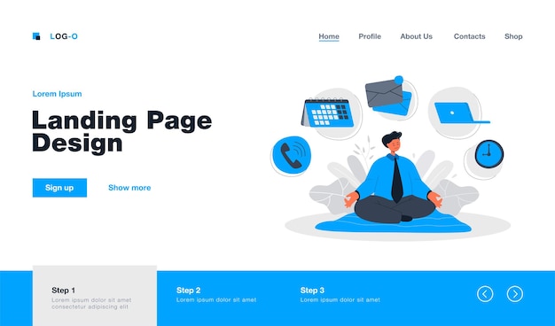 Cartoon businessman character practicing yoga or meditation landing page in flat style