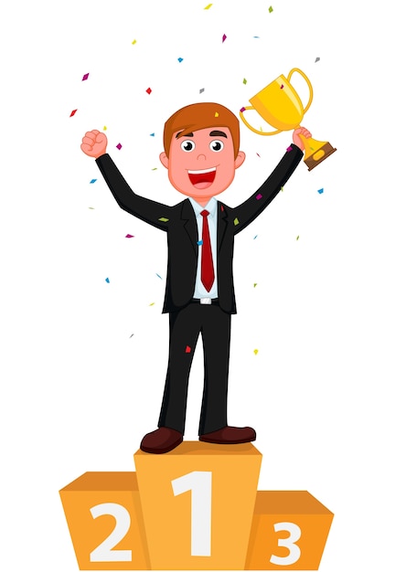 Vector cartoon businessman holding a golden cup