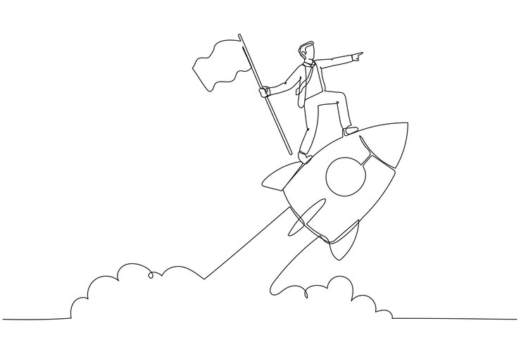 वेक्टर cartoon of businessman holding number one flag standing on flying rocket one continuous line art style