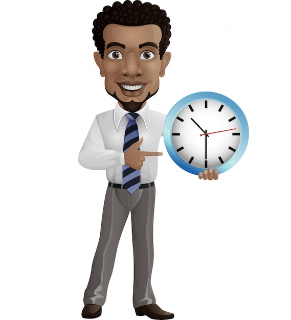 Cartoon businessman holding and pointing a wall clock