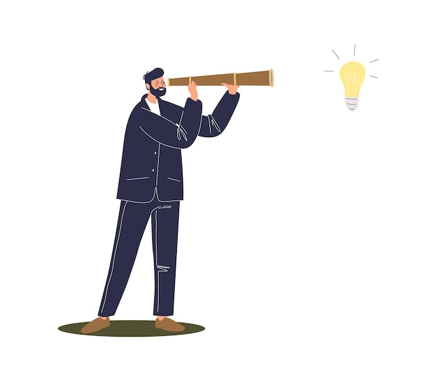 Cartoon businessman looking through spyglass on light bulb, new idea symbol. business man looking for new startup and inspiration concept.