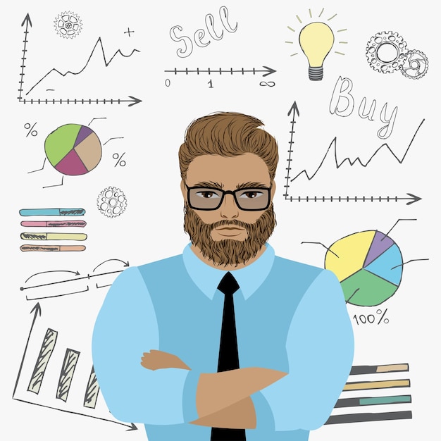 Мультяшный бизнесмен или офисный работник и каракули финансов на заднем плане векторная иллюстрация