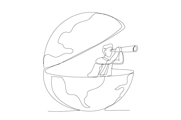 Vector cartoon of businessman open globe using telescope looking for vision to new opportunity work or investment searching for oversea business concept single continuous line art style