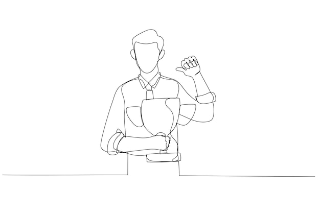 Cartoon of businessman pointing self with thumb feeling proud get trophy award for achievement One line art style