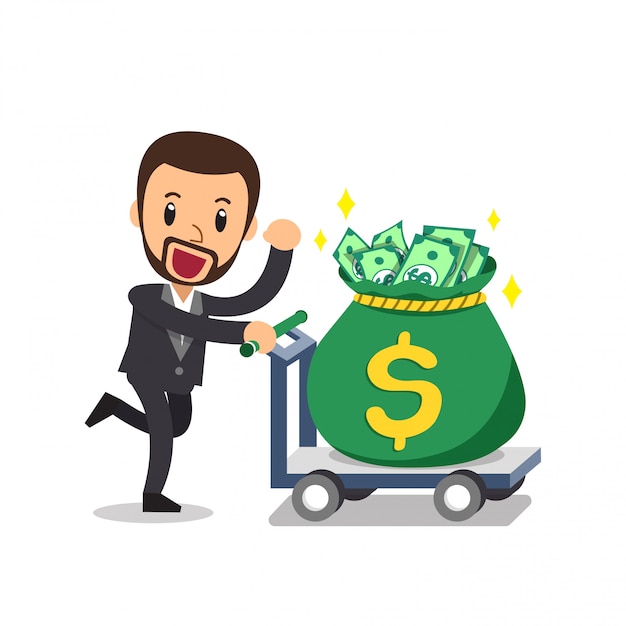 Cartoon  businessman pushing big money bag