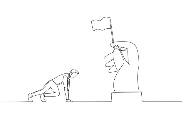 Cartoon of businessman ready to race on position waiting for flag One line art style