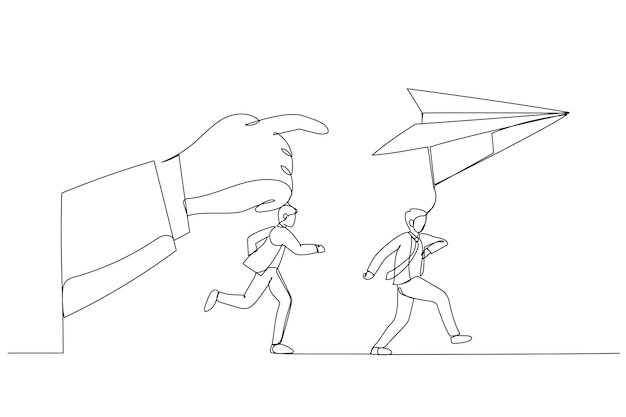 Cartoon of businessman run to paper plan Metaphor for follow instruction Continuous line art style