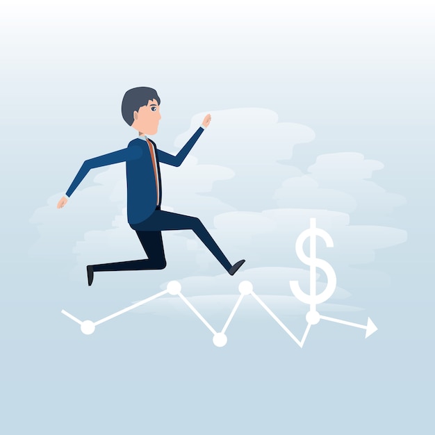 Cartoon businessman running on financial arrow