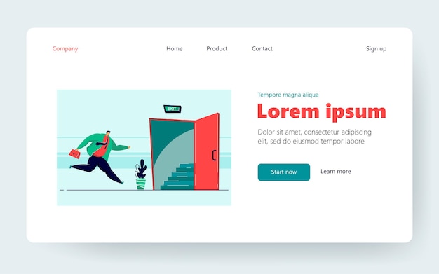 出口のドアを開けるために走っている漫画の実業家。フラットベクトルイラスト。緊急事態または避難のためにオフィスから脱出する労働者。安全、避難、避難、ビジネスコンセプト
