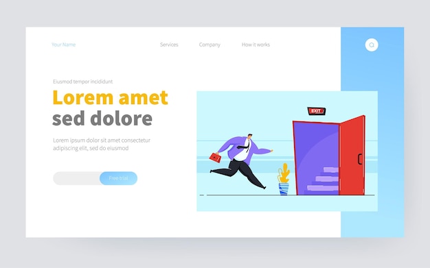 出口のドアを開けるために走っている漫画の実業家。フラットベクトルイラスト。緊急事態または避難のためにオフィスから脱出する労働者。安全、避難、避難、ビジネスコンセプト
