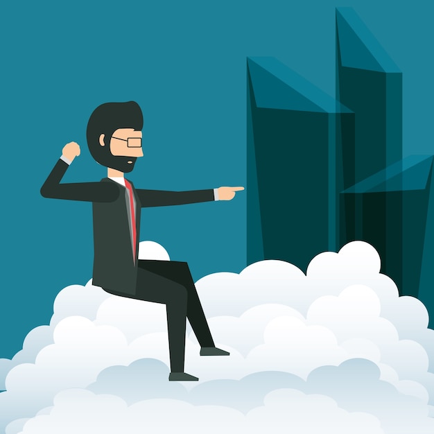 cartoon businessman sitting on a cloud and pointing a city