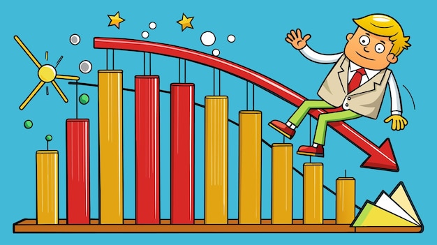 Vector cartoon businessman sliding down a declining bar graph