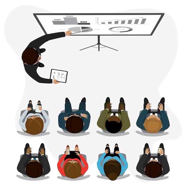 cartoon businessman speaks at presentation audience is sitting board signs top view business process