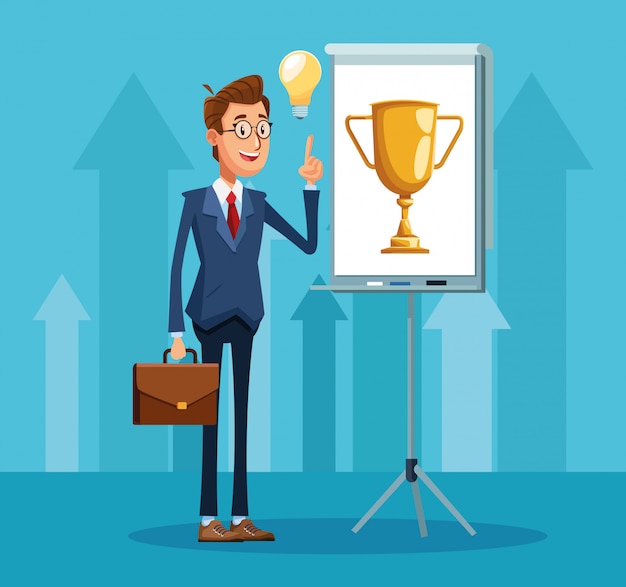 Cartoon businessman standing pointing a presentation board with trophy cup icon