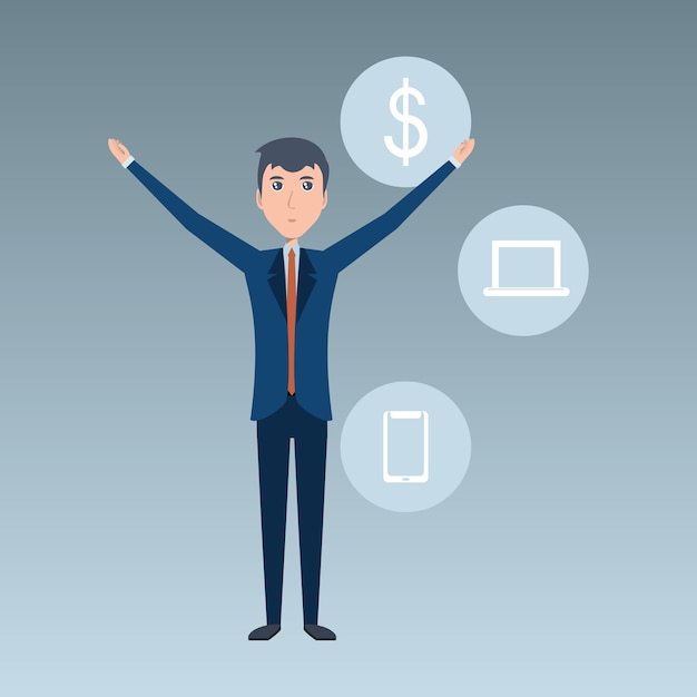 Vector cartoon businessman standing with business related icons