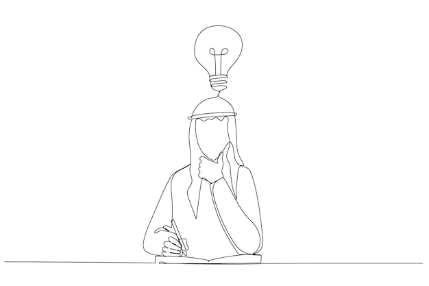 Cartoon of businessman thinking on productive ideas sitting at laptop and notepad for notes One line art style