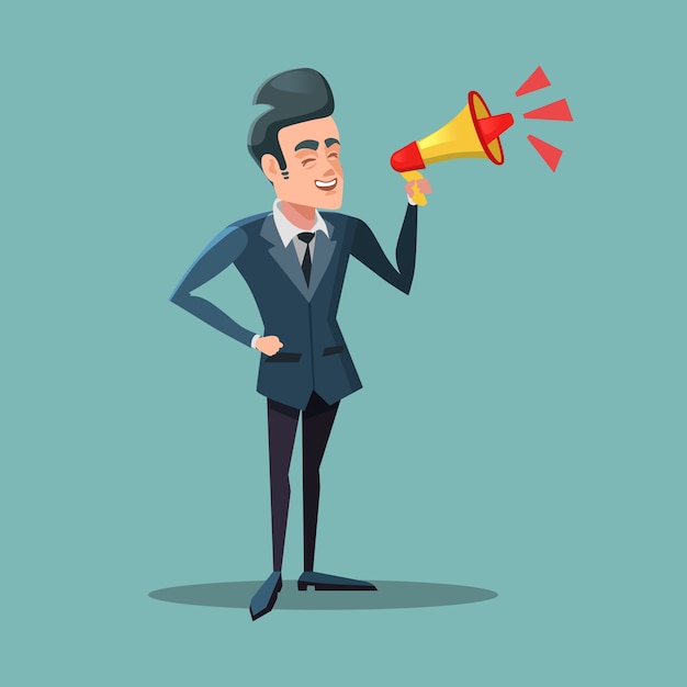 Vector cartoon businessman with megaphone. announcement.