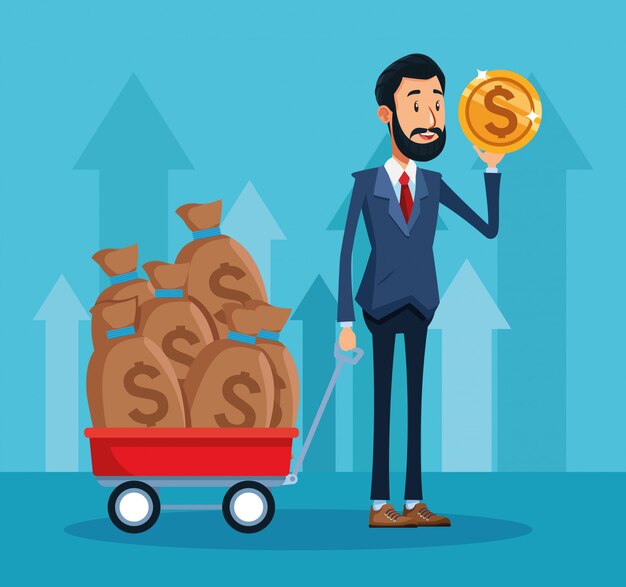 Cartoon businessman with money coin and trolley with money sacks