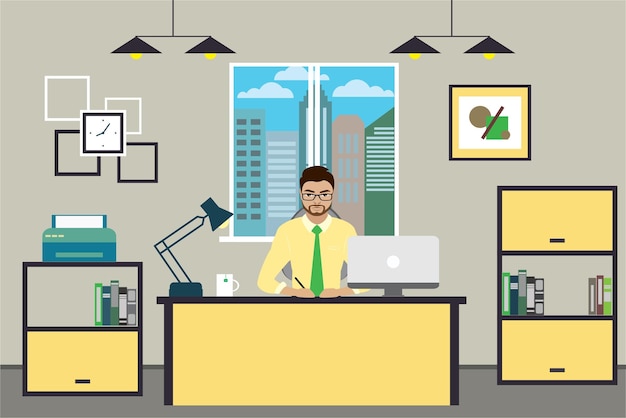 Cartoon businessman working at home or modern office interior design with furniture flat vector