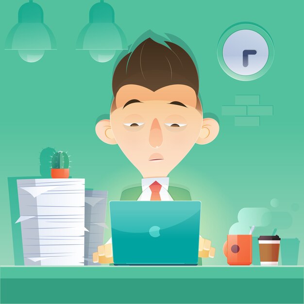 cartoon businessman working overtime late night  in office