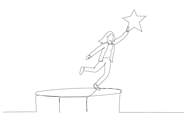 Cartoon of businesswoman bounce on trampoline jump flying high to grab star Metaphor for achievement