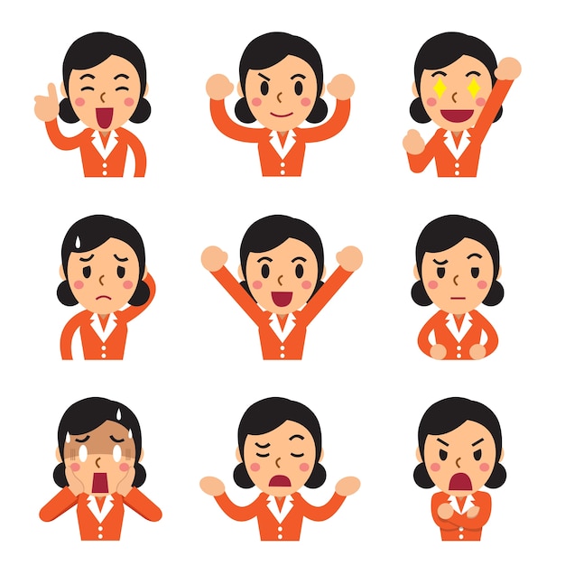 Cartoon businesswoman faces showing different emotions