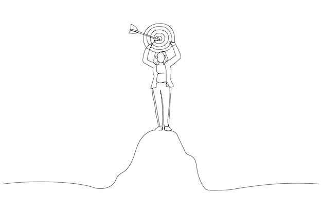 Cartoon of businesswoman holding a target board on top of mountain Metaphor for aim objective and achievement Continuous line art