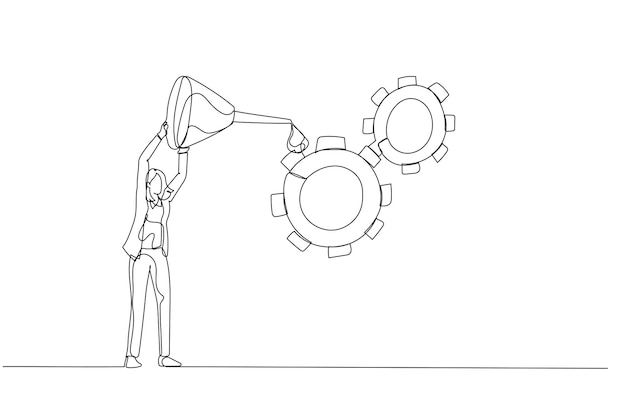 Cartoon of businesswoman oiling gear cogwheel to make it work properly metaphor of quality control and management One line style art