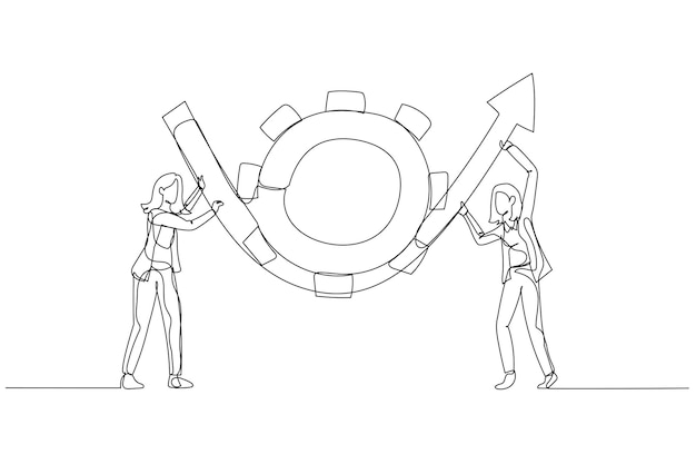 Cartoon of businesswoman partner help rotate gear cogwheel to make arrow rising up concept of business transformation Single line art style