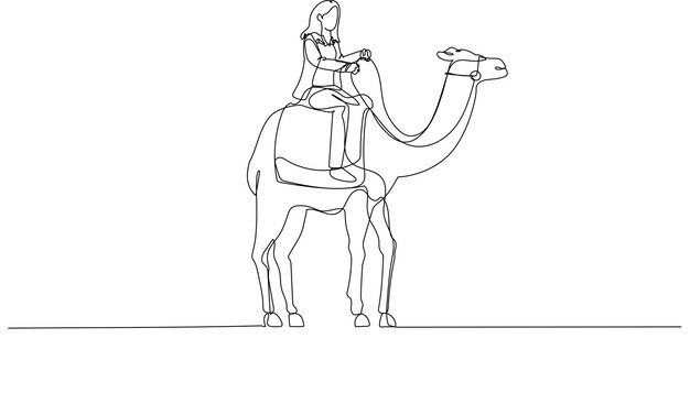 Cartoon of businesswoman riding on camel concept of diverse and strong business Single line art style