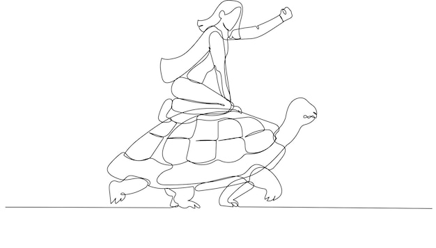 Cartoon of businesswoman riding fast on a turtle concept of high speed development on slow landscape Single continuous line art style