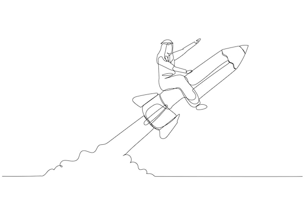 ペンシル ロケットに乗って空を飛んでいる実業家の漫画教育の概念単一の連続線画