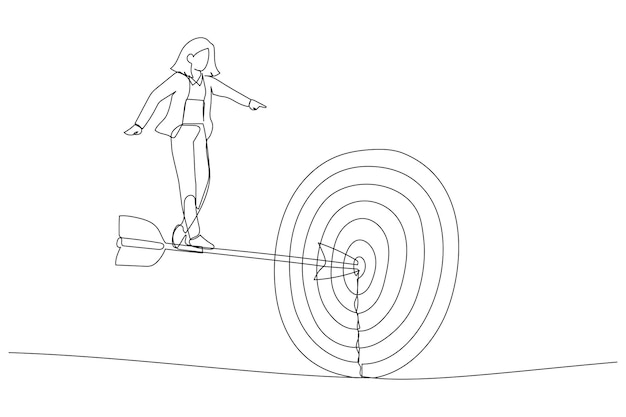 Cartoon of businesswoman standing on the arrow hit the target the business concept of accuracy and purpose Single continuous line art style