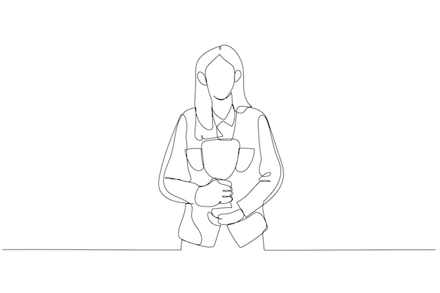 Cartoon of businesswoman standing with trophy in hand flexing for success Single line art style