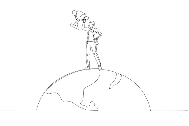Cartoon of businesswoman superhero with award prize trophy winner international market Single continuous line art style