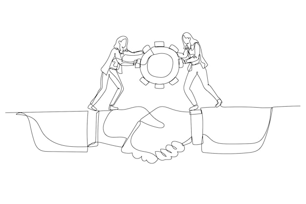 Cartoon of businesswoman team bring gear cogwheel across bridge made from shaking hand Single continuous line art style
