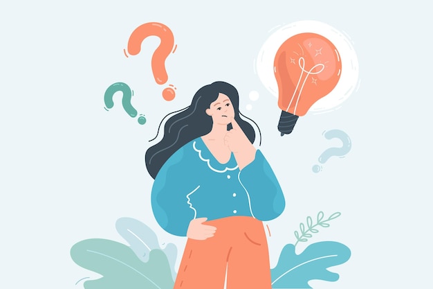 Donna di affari del fumetto che pensa di risolvere il problema. personaggio femminile con lampadina e punti interrogativi illustrazione vettoriale piatta. soluzione, concetto di idea per banner, design di siti web o landing page