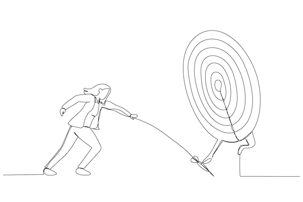 Cartoon of businesswoman try to hit a target one continuous line art style