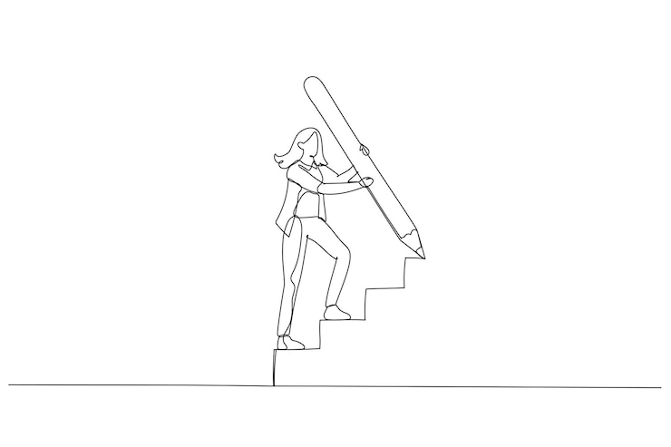 Vector 사업가의 만화는 사업 개발의 사다리 개념을 등반하는 거대한 연필 그리기 계단을 사용합니다. 단일 라인 아트 스타일