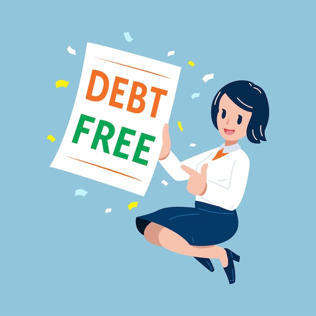 Vector cartoon businesswoman with debt free letter