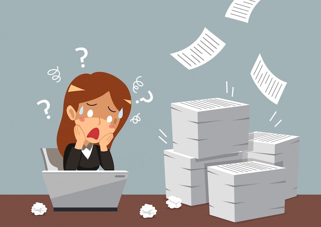 Vector cartoon businesswoman with a lot of paperwork