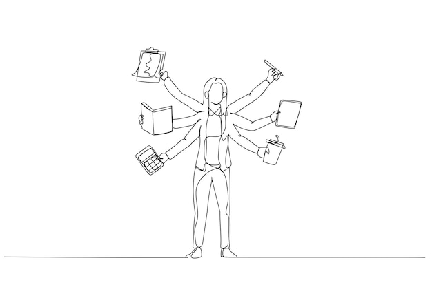 Cartoon of businesswoman with several hand concept of multitasking Single continuous line art