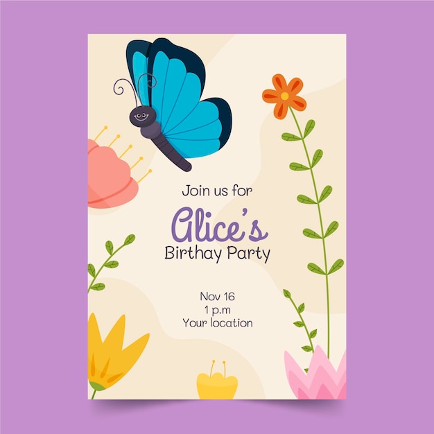 Vector cartoon butterfly birthday invitation template