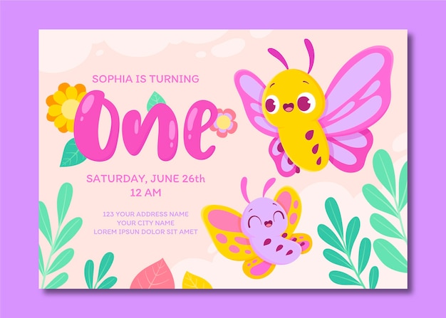 Cartoon butterfly birthday invitation template