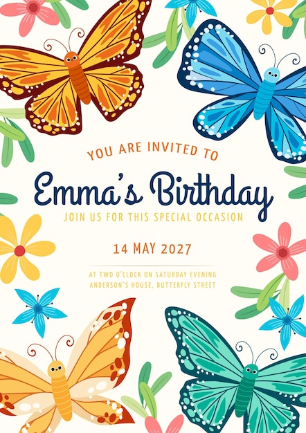 Vector cartoon butterfly birthday invitation