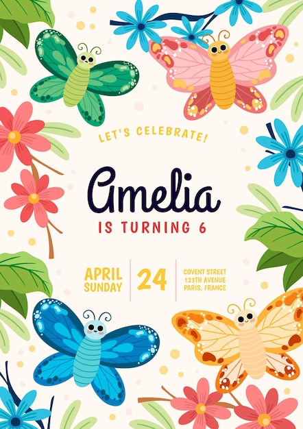 Vector cartoon butterfly birthday invitation