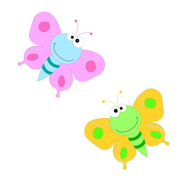 Vector cartoon butterfly illustration cute smiling character for childish design flat vector illustration